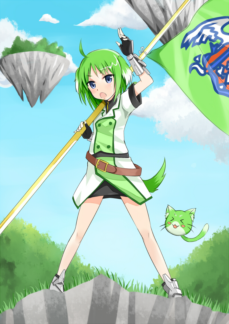 10s, 1girl, ahoge, animal_ears, belt, blue_eyes, cloud, dog_days, dog_ears, dog_tail, eclair_martinozzi, female_focus, fingerless_gloves, flag, gloves, green_hair, kiichi_(picchi0112), open_mouth, short_hair, sky, solo, tail