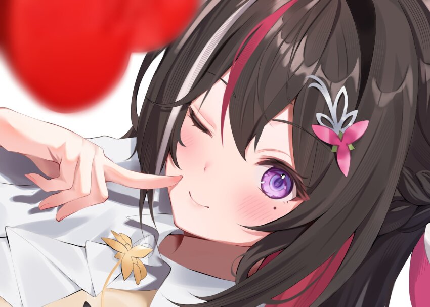 1girl, ;), arudi412, ascot, azki_(4th_costume)_(hololive), azki_(hololive), blurry, blurry_foreground