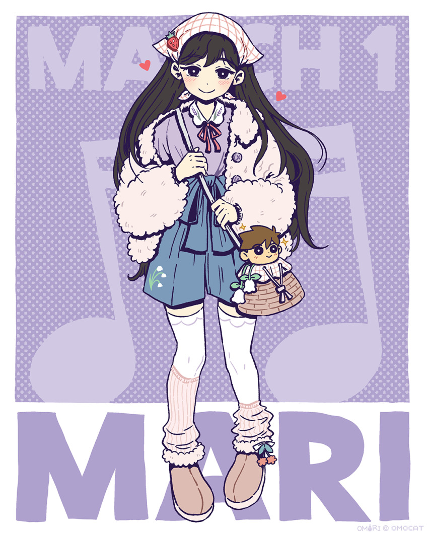 1girl, alternate_costume, bag, birthday, black_eyes, black_hair, blush, bright_pupils, character_doll, character_name, closed_mouth, commentary, dated, doll, english_commentary, full_body, hair_behind_ear, handbag, heart, hero_(faraway)_(omori), hero_(omori), highres, jacket, long_hair, looking_at_viewer, mari_(birthday)_(omori), mari_(faraway)_(omori), mari_(omori), official_art, omocat, omori, smile, solo, standing, stuffed_toy, thighhighs, white_jacket, white_pupils, white_thighhighs