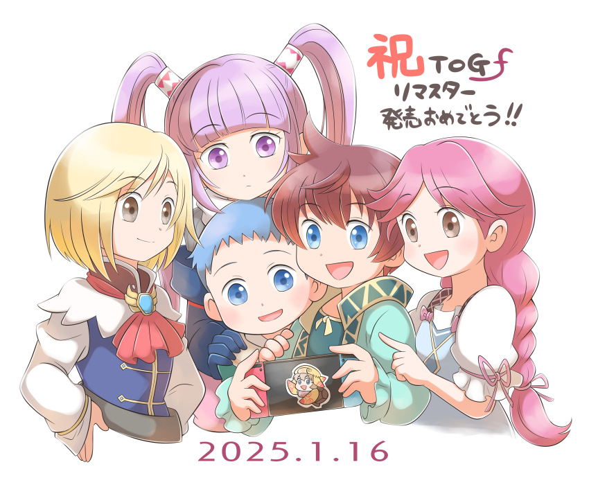 2girls, 3boys, absurdres, aged_down, aogaeru_(pixiv46613656), asbel_lhant, ascot, black_gloves