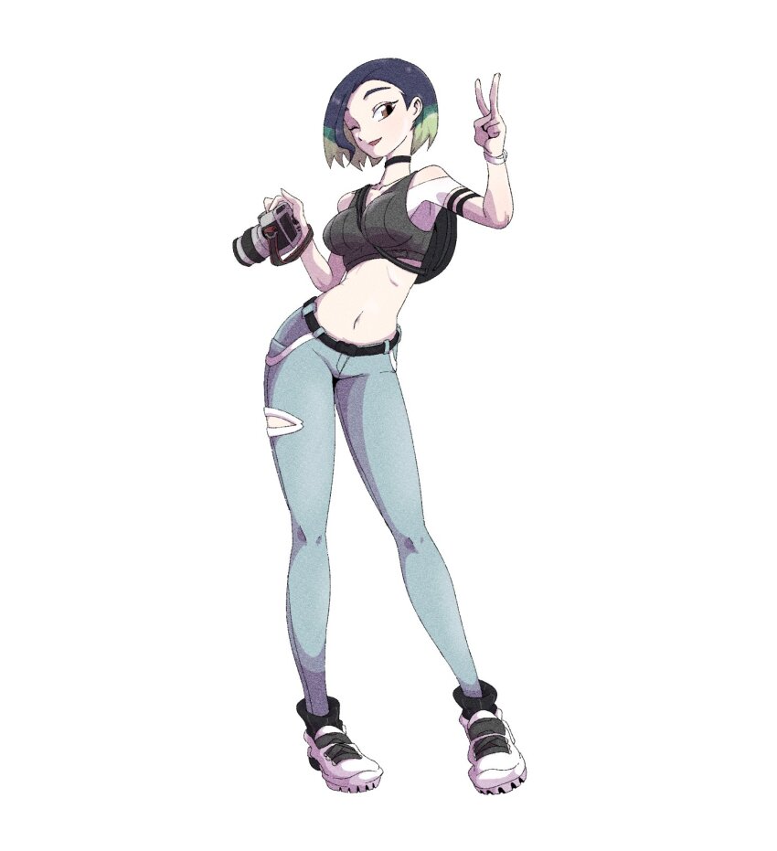 1girl, armband, bag, bare_shoulders, belt, black_armband, black_bag, black_belt, black_choker, blue_hair, bob_cut, breasts, brown_eyes, camera, choker, commentary_request, crop_top, denim, full_body, green_hair, grey_shirt, grey_sports_bra, highres, holding, holding_camera, jeans, korean_commentary, looking_at_viewer, loose_hair_strand, midriff, multicolored_hair, nintendo, off-shoulder_shirt, off_shoulder, one_eye_closed, pants, perrin_(pokemon), photographer, pokemon, pokemon_scarlet_and_violet, positibe, ribbed_shirt, shirt, shoes, short_hair, simple_background, sleeveless, sleeveless_shirt, solo, sports_bra, standing, v, watch, white_background, white_shoes, wristwatch