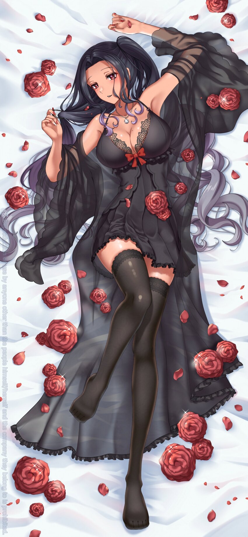 1girl, absurdres, babydoll, black_babydoll, black_hair, black_thighhighs, breasts, cleavage