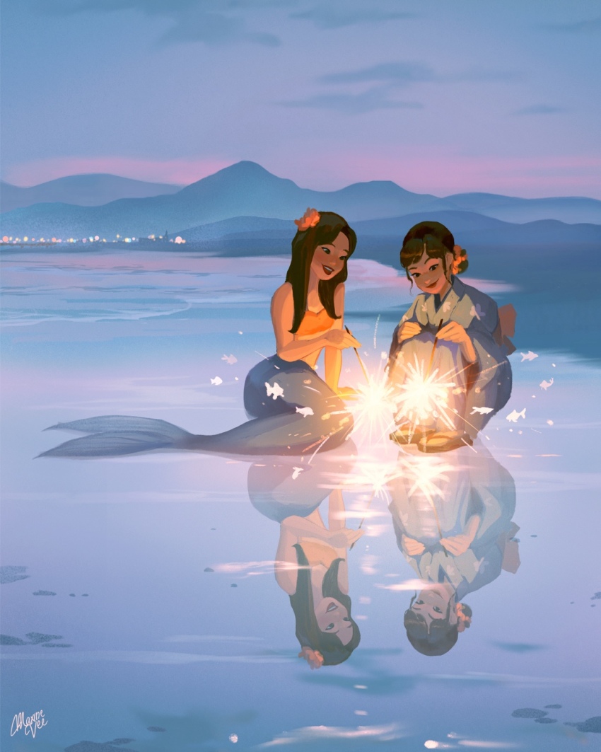 2girls, arm_support, back_bow, bandeau, beach, black_hair, blue_kimono, bow, city_lights, cloud, commentary, english_commentary, fireworks, fish_(symbol), flower, hair_bun, hair_flower, hair_ornament, highres, hill, holding, holding_fireworks, japanese_clothes, kimono, long_hair, looking_at_object, magic, maxine_vee, medium_hair, mermaid, monster_girl, mountainous_horizon, multiple_girls, ocean, okobo, orange_bandeau, orange_flower, orange_scrunchie, original, outdoors, platform_sandals, purple_sky, red_lips, reflection, reflective_liquid, ripples, sandals, scrunchie, shore, signature, sitting, sky, smile, sparkler, squatting, teeth, upper_teeth_only, waves, white_bow