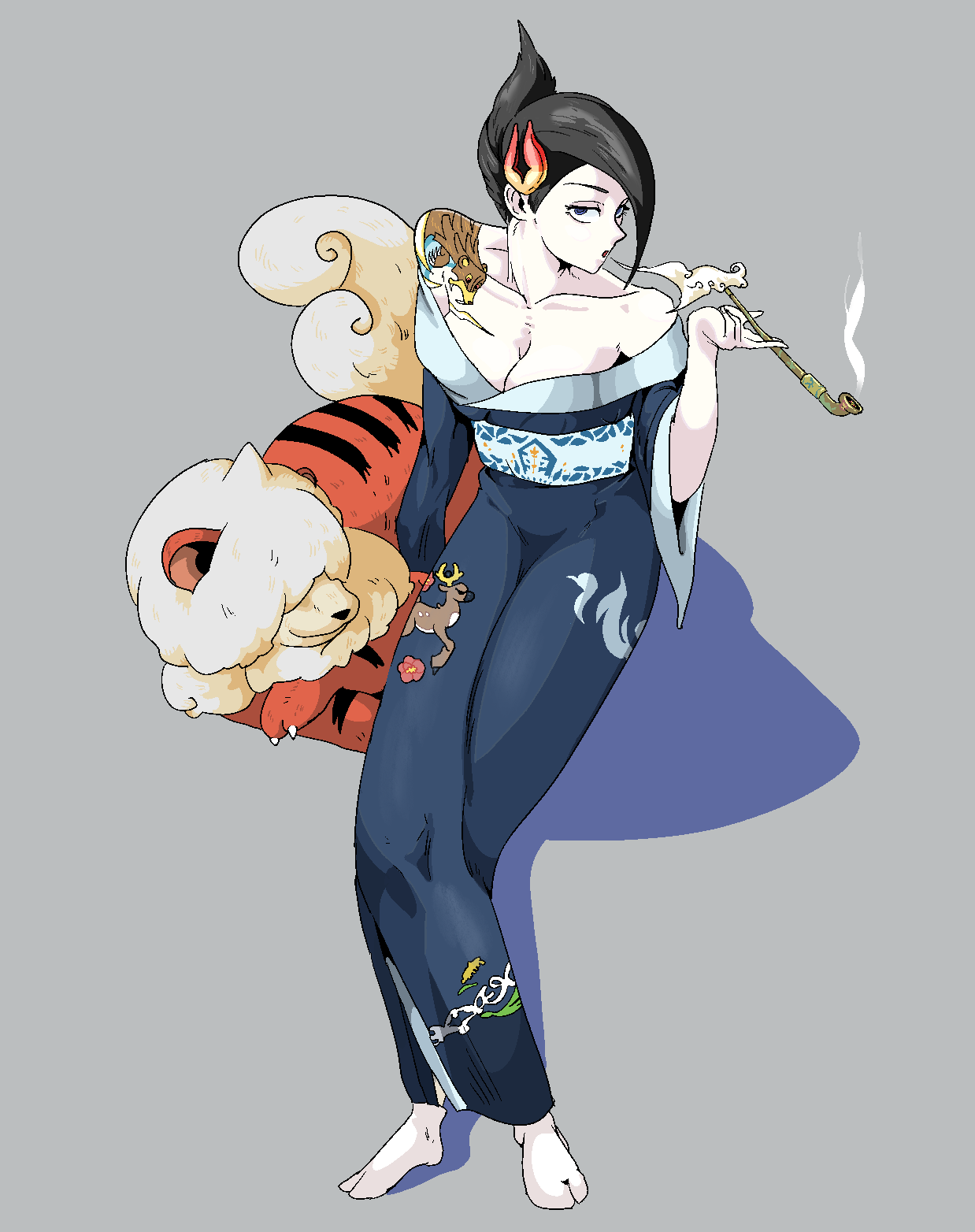 1girl, alternate_costume, bare_shoulders, black_hair, blue_eyes, blue_kimono, breasts, cleavage