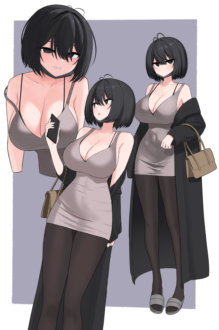 1girl, absurdres, antenna_hair, bag, bare_shoulders, bebetang, black_bra, black_coat