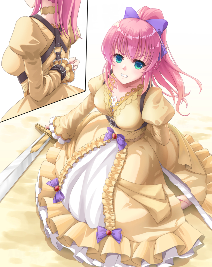 1girl, aqua_eyes, arm_behind_back, bound, bound_wrists, bow, breasts, cuffs