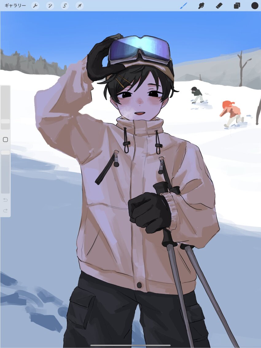 3girls, art_program_in_frame, black_eyes, black_gloves, blush, coat, commentary, cowboy_shot