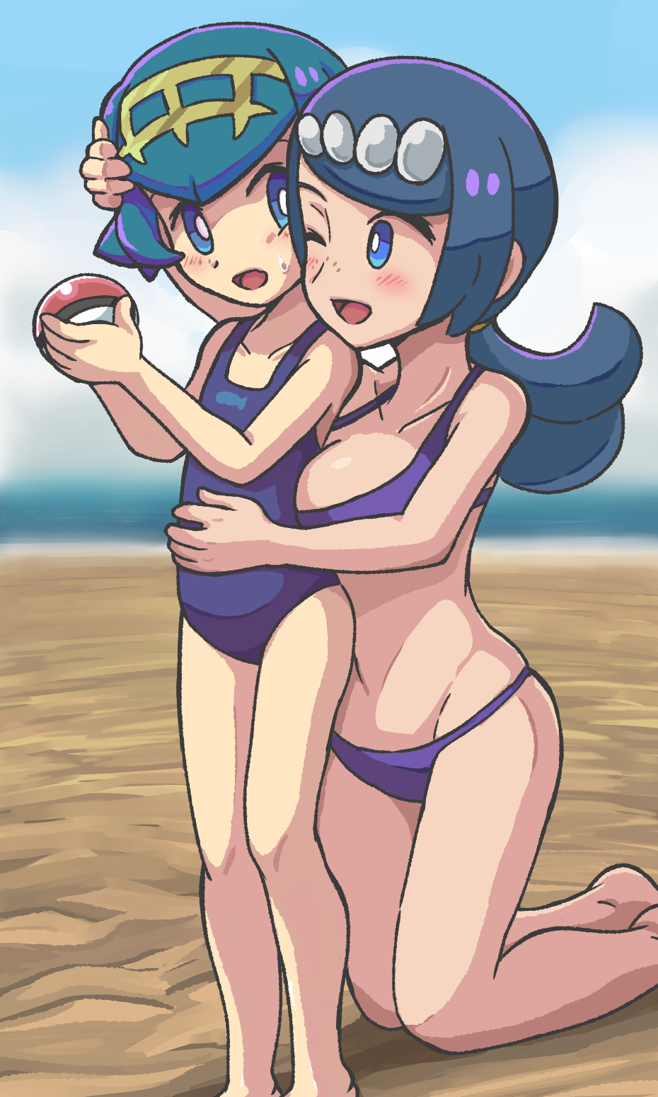 2girls, ;d, animal_print, barefoot, beach, bikini, blue_eyes, blurry, blurry_background, breasts, bright_pupils, commentary_request, day, fish_print, freckles, hairband, hand_on_another's_head, hand_on_another's_stomach, hands_up, highres, holding, holding_poke_ball, kneeling, lana's_mother_(pokemon), lana_(pokemon), long_hair, mother_and_child, mother_and_daughter, multiple_girls, navel, nintendo, no_sclera, one-piece_swimsuit, one_eye_closed, open_mouth, outdoors, parent_and_child, poke_ball, poke_ball_(basic), pokemon, pokemon_(anime), pokemon_the_series:_sun_&amp;_moon, ponytail, sand, short_hair, smile, standing, sweatdrop, swimsuit, takamame, tongue, white_pupils