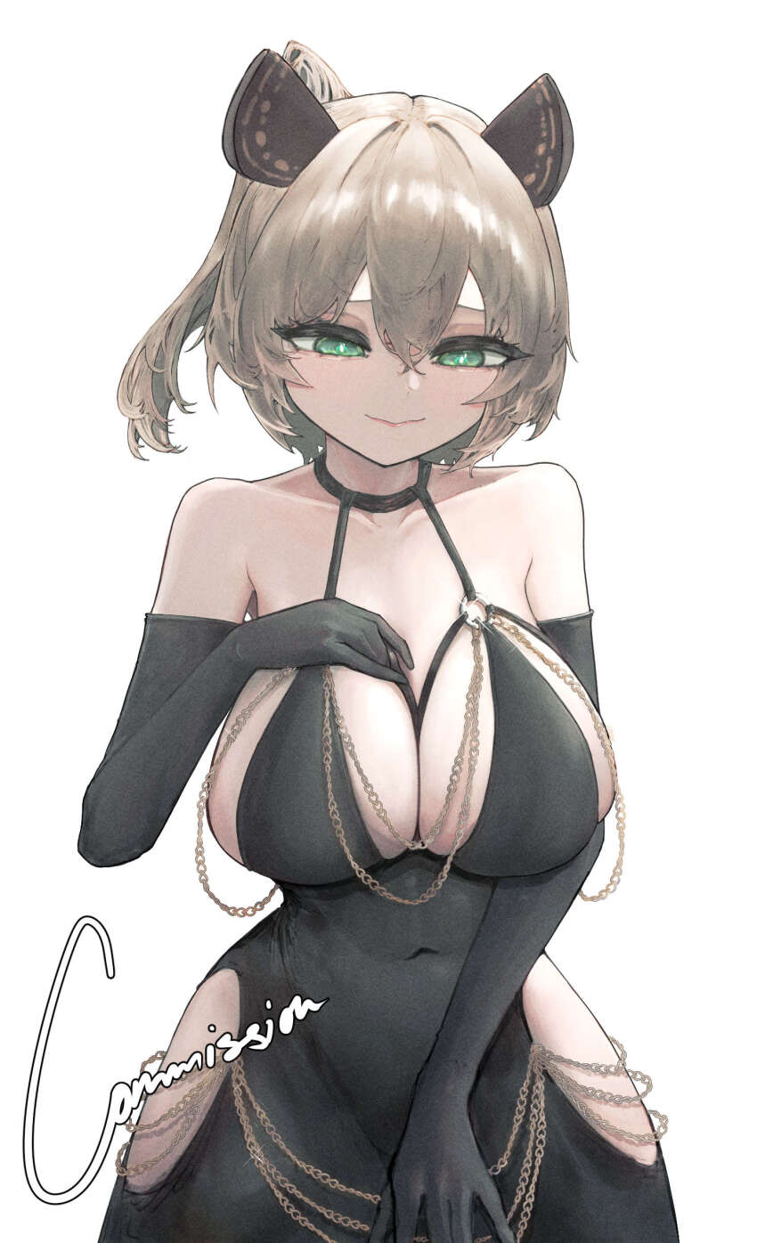 1girl, absurdres, animal_ears, bare_shoulders, black_choker, black_dress, black_gloves, black_gown, breasts, brown_hair, chain, choker, cleavage, clothing_cutout, collarbone, commission, covered_navel, cowboy_shot, double-parted_bangs, dress, elbow_gloves, english_text, evening_gown, gloves, gold_chain, green_eyes, hair_between_eyes, halterneck, hand_on_own_chest, harness, hashtag-only_commentary, highres, hip_vent, indie_virtual_youtuber, large_breasts, lips, looking_down, modakawa_dress, nimi_nightmare, o-ring, o-ring_harness, shinep_ag, short_hair, side_ponytail, simple_background, sleeveless, sleeveless_dress, solo, tapir_ears, virtual_youtuber, white_background