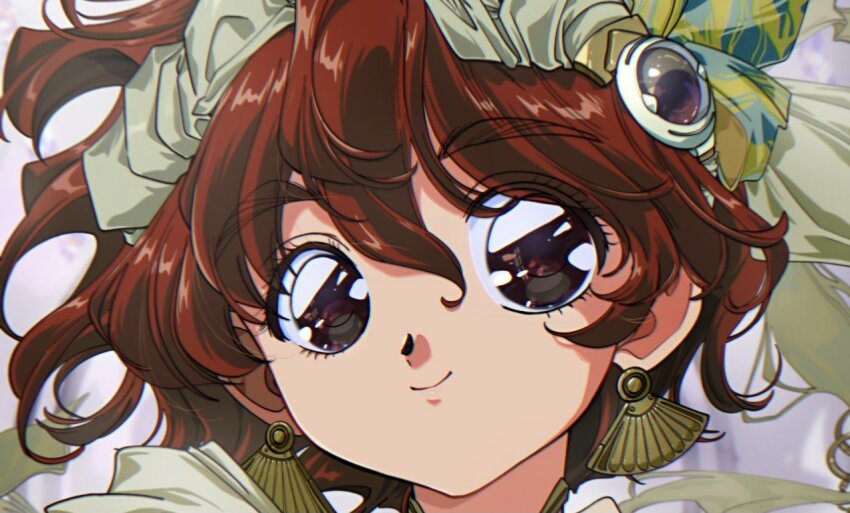 1990s_(style), 1girl, brown_eyes, earrings, fan_earrings, hair_between_eyes, hair_ornament, hat