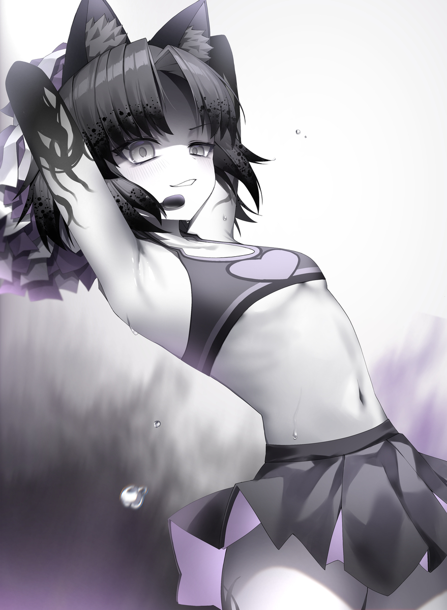 1girl, animal_ears, cat_ears, cheerleader, highres, moneko_(nyanko_daisensou), n4rai, navel, nyanko_daisensou, ribs, skirt, tagme, thighs