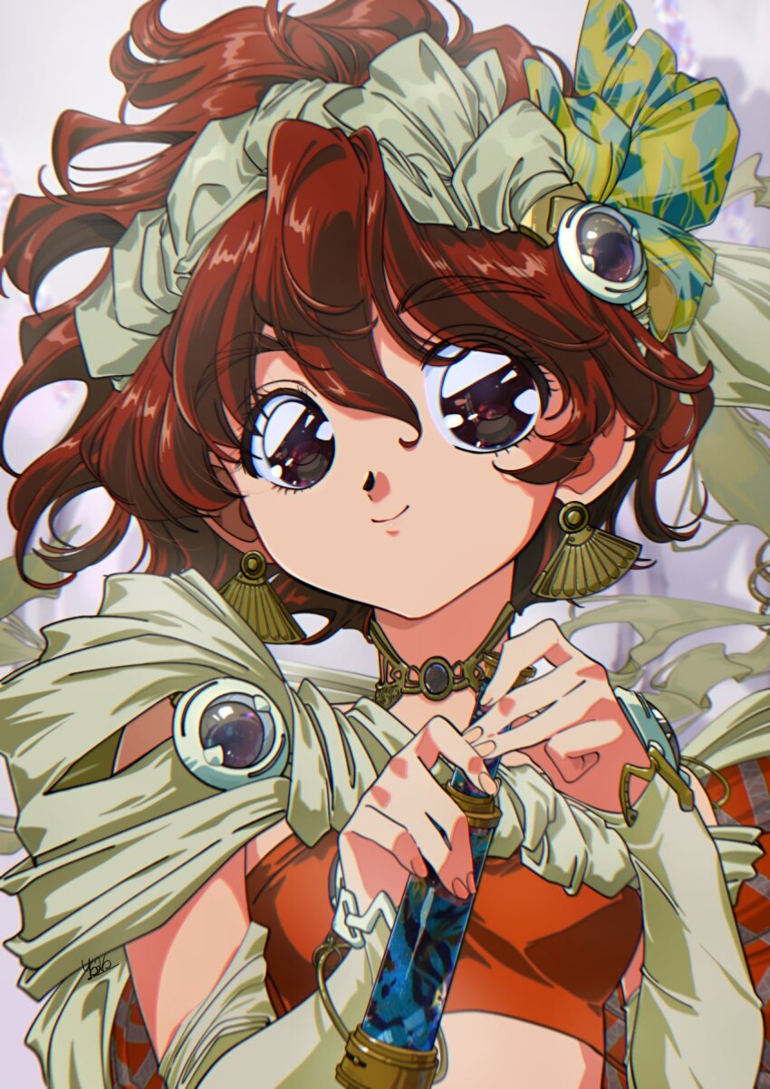 1990s_(style), 1girl, arm_warmers, brown_eyes, cape, crop_top, earrings, elbow_gloves