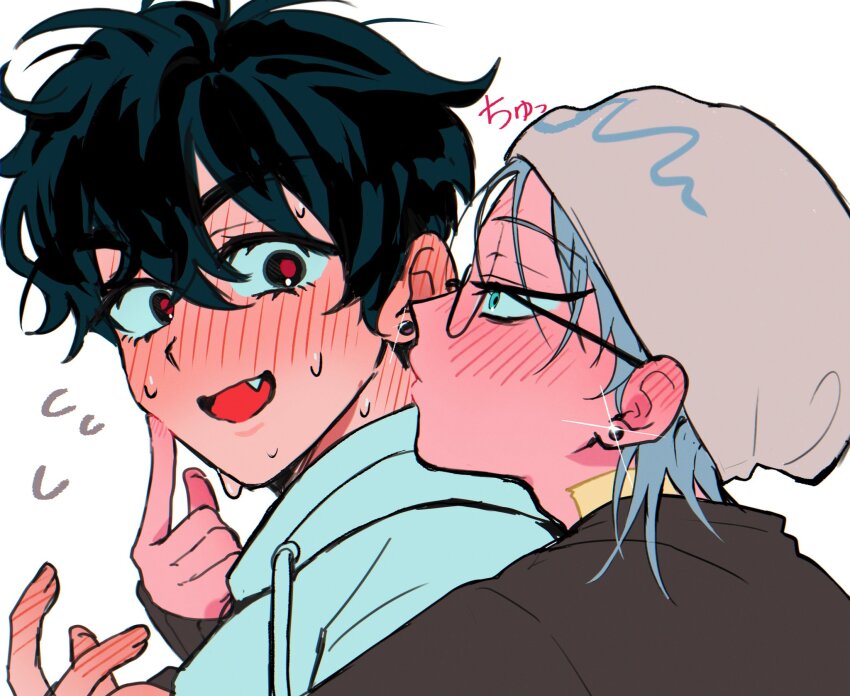 2boys, 7eiaq3939, alien_stage, beanie, black_eyes, black_shirt, blush, commentary_request