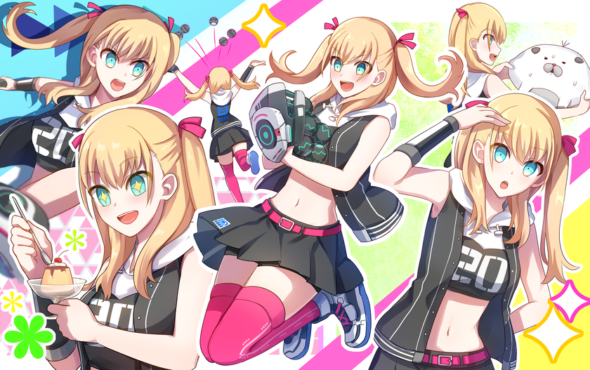 +_+, 1girl, :d, :o, aqua_eyes, arm_behind_back, arm_up, arm_warmers, ball, bare_shoulders, baseball_glove, belt, bike_shorts, bike_shorts_under_skirt, black_shirt, black_skirt, black_vest, blonde_hair, blush, breasts, cali_(cali_me202), character_request, cherry, clothes_writing, commentary_request, cowboy_shot, crop_top, drop_shadow, food, fruit, full_body, hair_between_eyes, holding, holding_ball, holding_spoon, hood, hood_down, hooded_shirt, iroha_tsuki, long_hair, looking_at_viewer, medium_breasts, midriff, navel, open_clothes, open_mouth, open_vest, pink_belt, pink_thighhighs, pleated_skirt, pudding, shadow, shirt, shoes, sidelocks, single_arm_warmer, skindentation, skirt, smile, sneakers, spoon, standing, standing_on_one_leg, teeth, thighhighs, throwing, tribe_nine, twintails, upper_teeth_only, vest, white_shoes, zettai_ryouiki