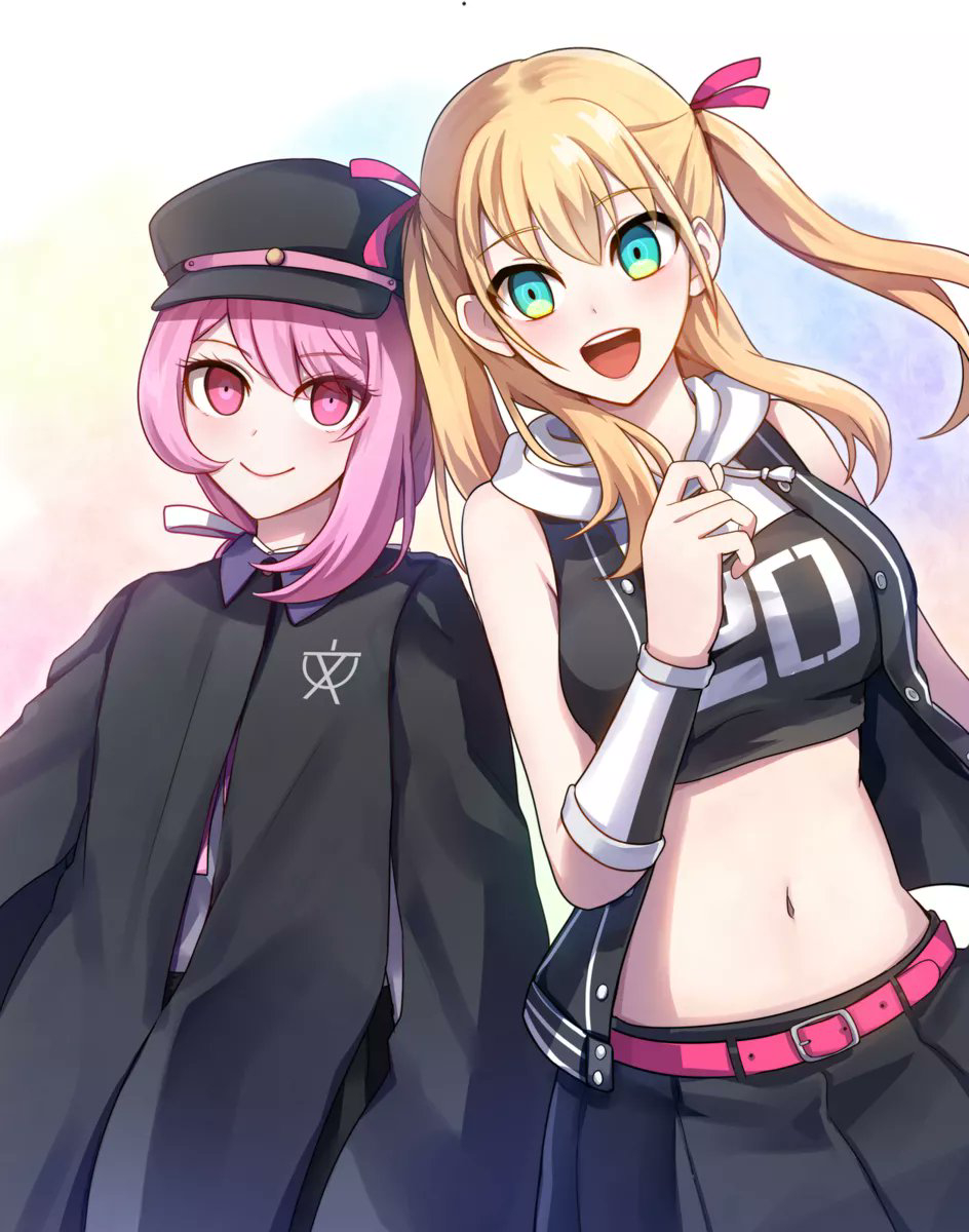 2girls, :d, aqua_eyes, arm_warmers, bare_shoulders, belt, black_coat, black_hat