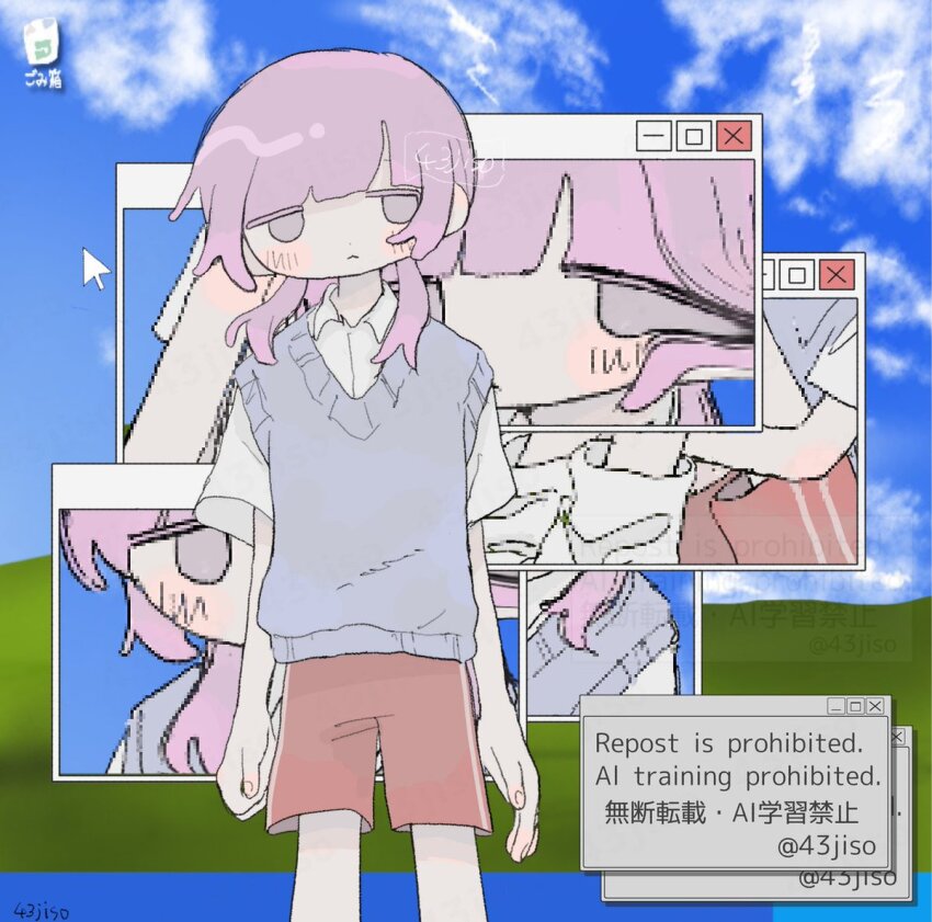 1girl, arms_at_sides, artist_name, barefoot, closed_mouth, grey_sweater_vest, looking_at_viewer, low_twintails, microsoft_windows, multiple_views, original, pink_hair, shimijiso, shirt, short_sleeves, shorts, solo, standing, sweater_vest, twintails, watermark, white_shirt, window_(computing), windows_xp