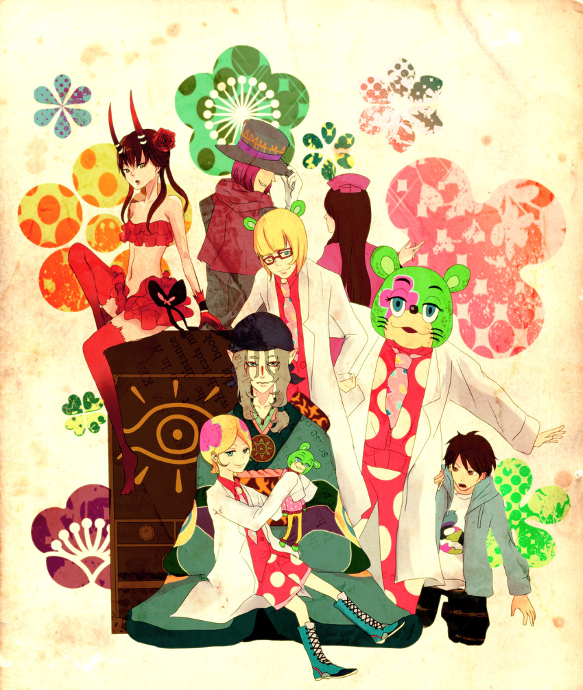 00s, 10s, 2girls, 6+boys, bad_id, c_(control), creator_connection, crossover, highres, irabu_ichirou, kusuriuri_(mononoke), kuuchuu_buranko, masakaki, mashu, mashu_(control), mayumi_(trapeze), mononoke, multiple_boys, multiple_girls, nendo_jin, yoga_kimimaro