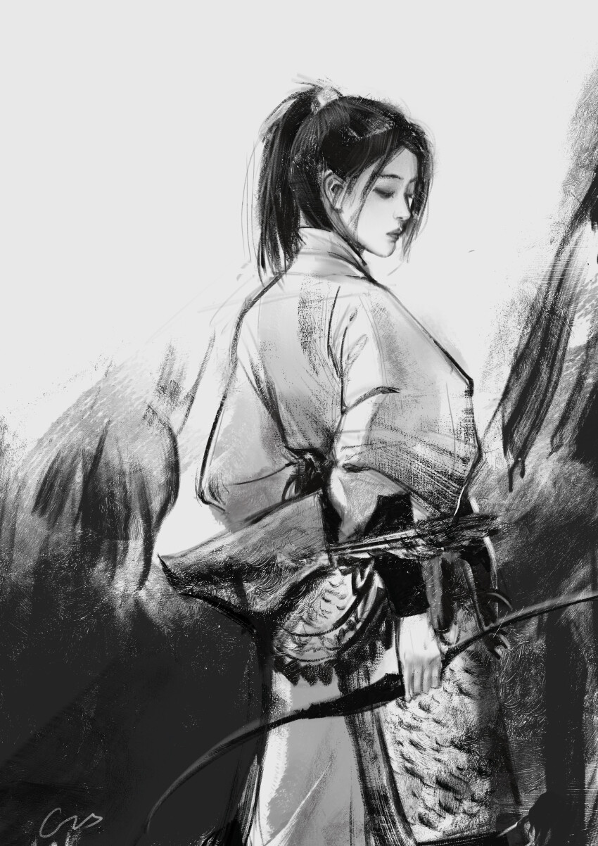 1girl, absurdres, armor, black_background, bow_(weapon), chinese_armor, chinese_clothes, closed_eyes