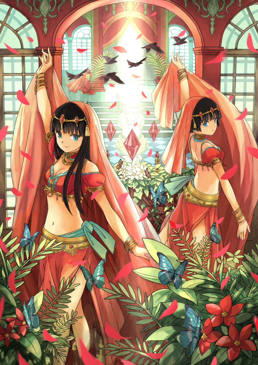 2girls, bird, black_hair, blue_eyes, bracelet, dancer, dress, highres, jewelry, long_hair, lots_of_jewelry, multiple_girls, original, short_hair, suya000