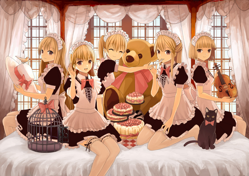 5girls, bear, blonde_hair, cake, cat, food, hat, highres