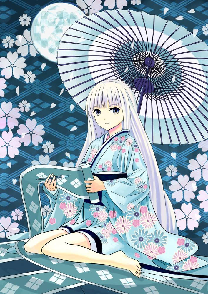 1girl, bad_id, bad_pixiv_id, barefoot, blue_eyes, female_focus, japanese_clothes, long_hair