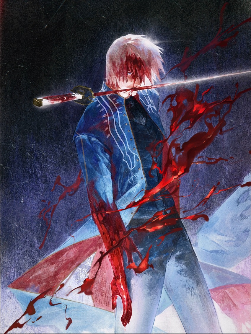 1boy, absurdres, blood, blood_on_clothes, blood_on_face, blood_splatter, bloody_weapon, blue_coat, blue_eyes, coat, devil_may_cry, devil_may_cry_(series), devil_may_cry_3, highres, holding, holding_sword, holding_weapon, injury, katana, looking_at_viewer, male_focus, mouth_hold, shouxianwu135, solo, sword, torn_clothes, vergil_(devil_may_cry), weapon, weapon_in_mouth, white_hair, yamato_(sword)