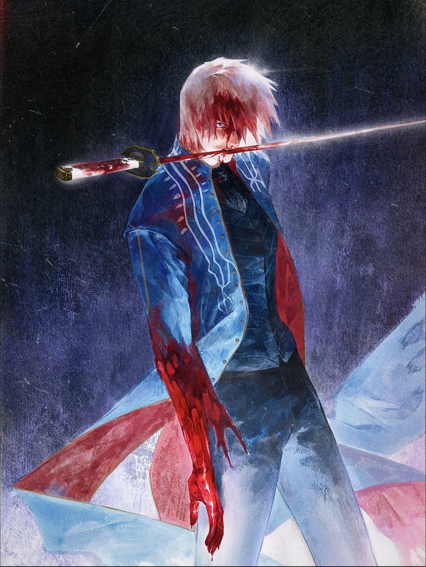 1boy, absurdres, blood, blood_on_clothes, blood_on_face, bloody_weapon, blue_coat, blue_eyes, coat, devil_may_cry, devil_may_cry_(series), devil_may_cry_3, highres, holding, holding_sword, holding_weapon, injury, katana, looking_at_viewer, male_focus, mouth_hold, shouxianwu135, solo, sword, torn_clothes, vergil_(devil_may_cry), weapon, weapon_in_mouth, white_hair, yamato_(sword)