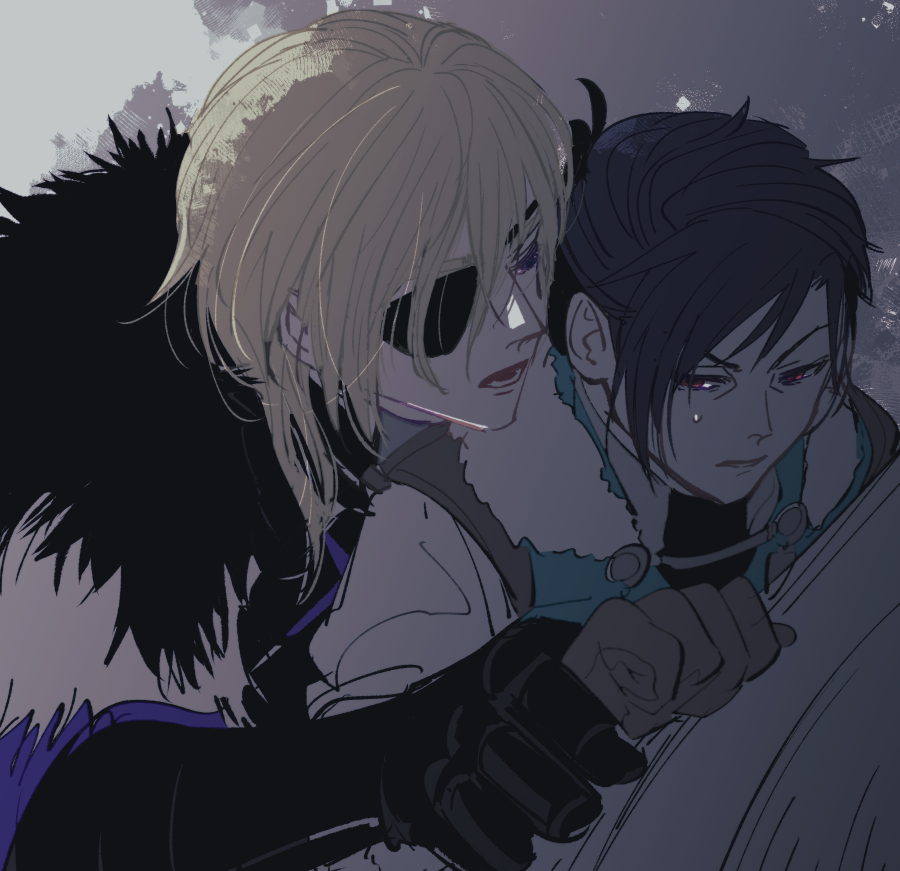 2boys, armor, black_armor, black_fur, black_hair, black_shirt, blue_cape, blue_eyes