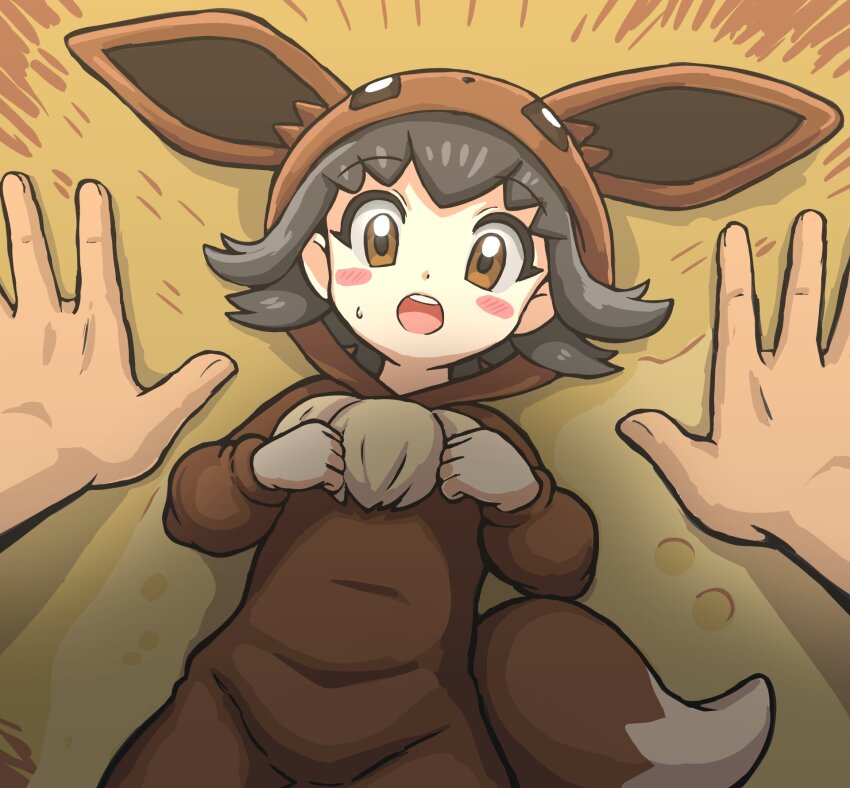 1boy, 1girl, :o, blush_stickers, brown_eyes, brown_hair, commentary, cosplay, eevee, eevee_(cosplay), eevee_ears, gen_1_pokemon, hands_up, hetero, highres, hood, hood_up, long_sleeves, looking_at_viewer, nintendo, onesie, open_mouth, poke_kid_(pokemon), pokemon, pokemon_sword_and_shield, pov, short_hair, sweatdrop, untranslatable_commentary, takamame, teeth, tongue, upper_teeth_only, yukadon