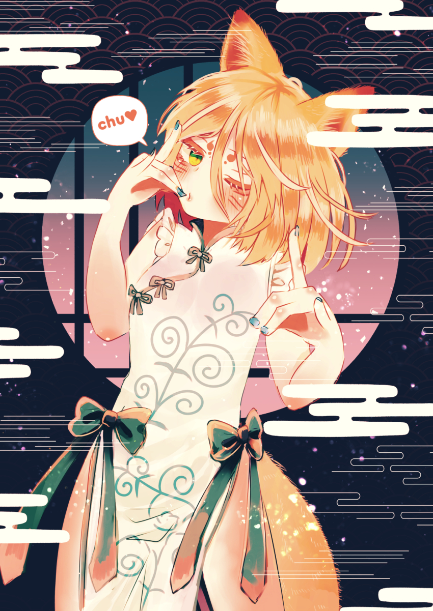 1girl, adapted_costume, animal_ears, blonde_hair, blue_nails, blush, bow, china_dress