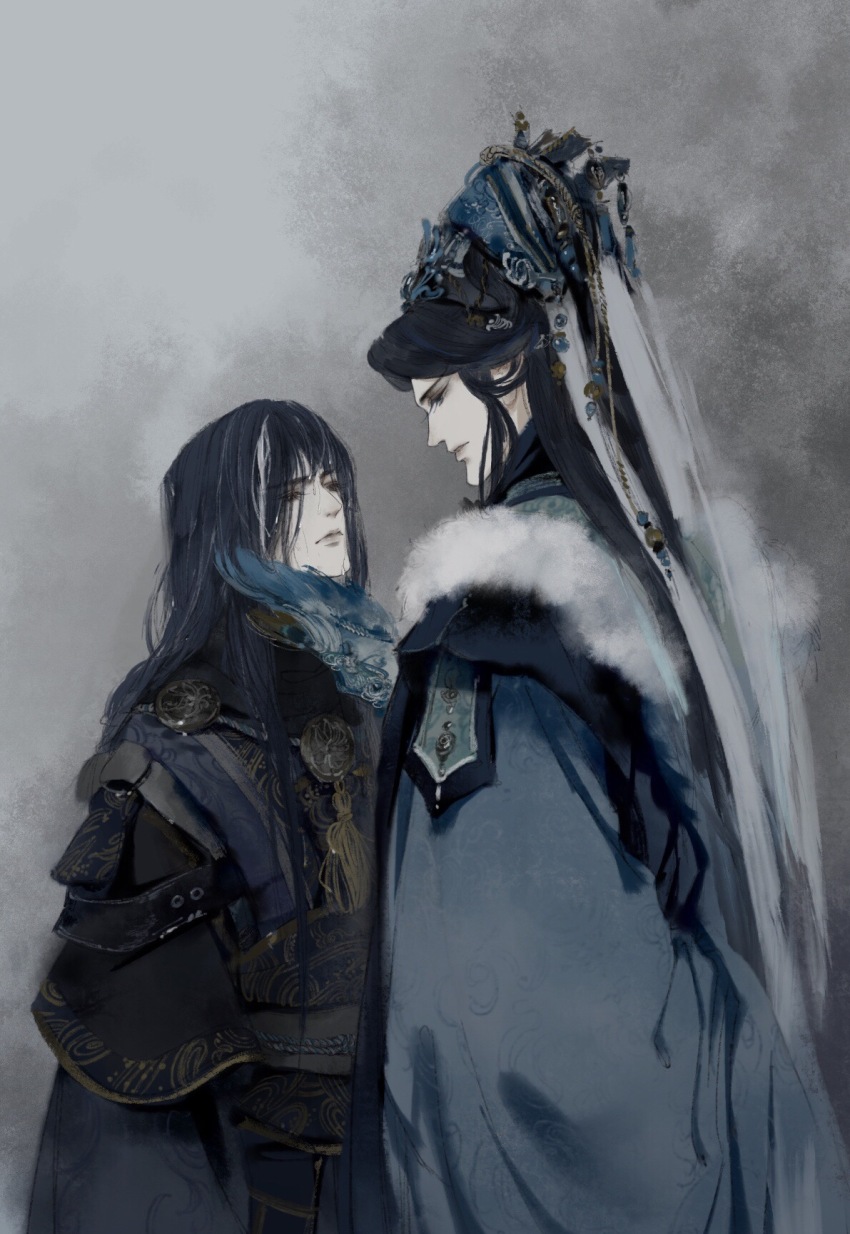 2boys, arm_behind_back, black_hair, black_hanfu, blue_feathers, blue_hanfu, brushing_another's_hair, brushing_hair