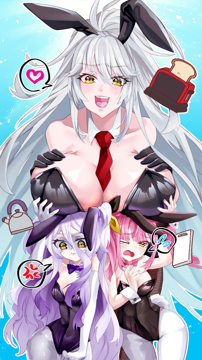 3girls, absurdres, anger_vein, animal_ears, between_breasts, black_leotard, bread, bread_slice, breast_rest, breasts, breasts_on_head, collar, detached_collar, fake_animal_ears, fake_tail, fang, flying_sweatdrops, food, fumizuki_kazuhito, gloves, grabbing_another's_breast, grey_hair, groping, hair_ornament, hairpin, hands_on_own_breasts, heart, henya_the_genius, highres, large_breasts, leotard, long_bangs, long_hair, looking_at_viewer, medium_hair, multiple_girls, nail_polish, necktie, necktie_between_breasts, one_eye_closed, open_mouth, pantyhose, pink_nails, playboy_bunny, ponytail, power_symbol-shaped_pupils, purple_hair, purple_leotard, rabbit_ears, rabbit_tail, red_necktie, skin_fang, small_breasts, smile, spoken_anger_vein, spoken_flying_sweatdrops, spoken_heart, strapless, strapless_leotard, symbol-shaped_pupils, tail, teeth, toast, toaster, upper_teeth_only, very_long_hair, virtual_youtuber, vshojo, white_collar, white_gloves, white_pantyhose, yellow_eyes, yutori_peke, zentreya, zentreya_(cyborg)