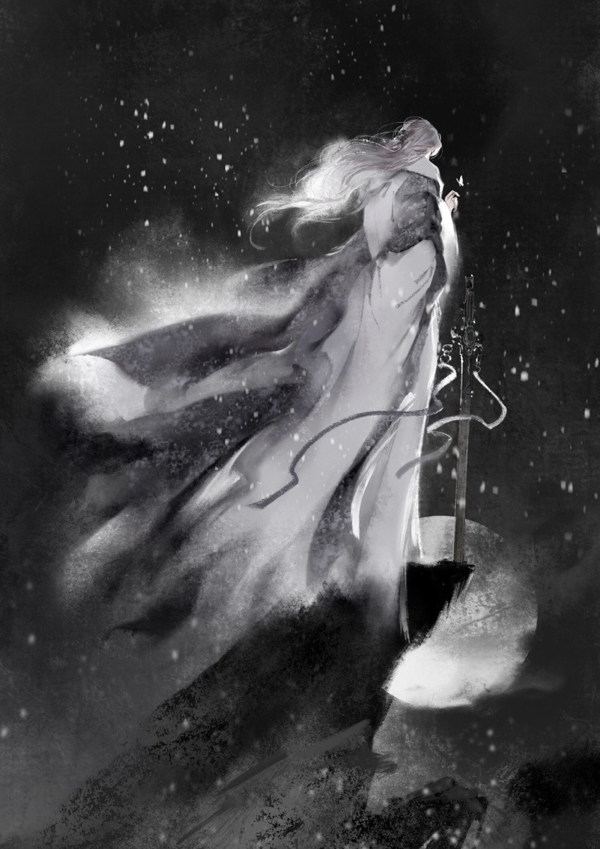 1boy, black_background, bug, butterfly, chinese_clothes, cliff, floating_clothes, floating_hair