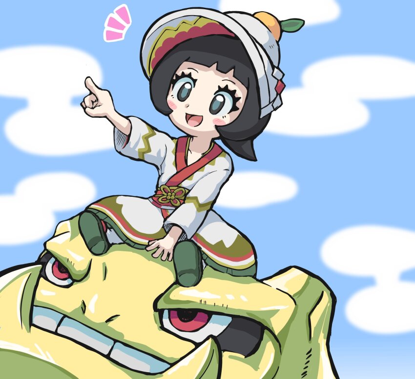 1girl, :d, alternate_color, black_hair, blush_stickers, bright_pupils, cloud, commentary_request