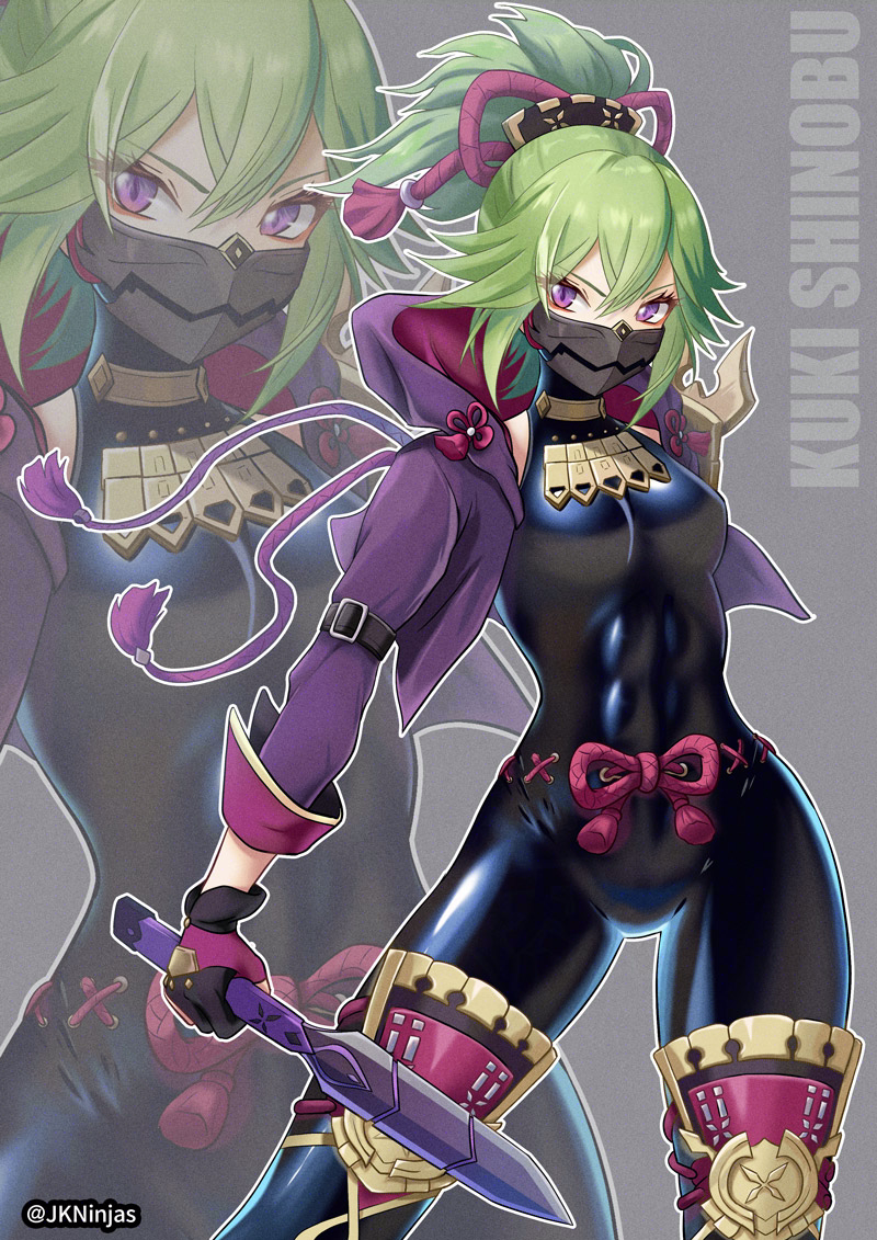 1girl, abs, bodysuit, breasts, covered_abs, genshin_impact, gloves, green_hair, i_macoto, jacket, kuki_shinobu, latex, latex_bodysuit, leg_armor, long_hair, looking_at_viewer, mask, mouth_mask, ninja, ponytail, purple_eyes, skin_tight, small_breasts, sword, weapon