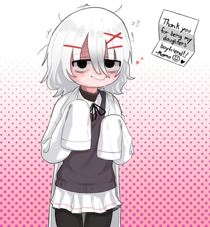 1girl, black_pantyhose, blush, borrowed_character, codismal, english_text, gloom_(expression), gradient_background