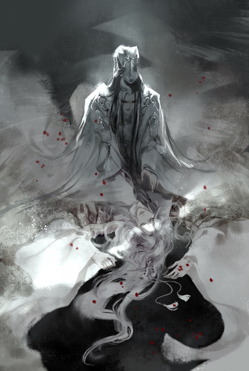 2boys, black_background, black_hair, blood, blood_on_hands, blood_splatter, chinese_clothes, closed_eyes, closed_mouth, corpse, curtained_hair, death, facial_mark, fengdu_yue, from_above, guan_hat, hair_over_eyes, hanfu, highres, jinguang_budaixi, kneeling, limited_palette, long_hair, long_sidelocks, looking_down, lying, male_focus, multicolored_hair, multiple_boys, on_back, outstretched_hand, parted_bangs, parted_hair, ren_piaomiao, sad, sidelocks, spotlight, tassel, upper_body, white_hair, white_hanfu, yu_yu_huadiao