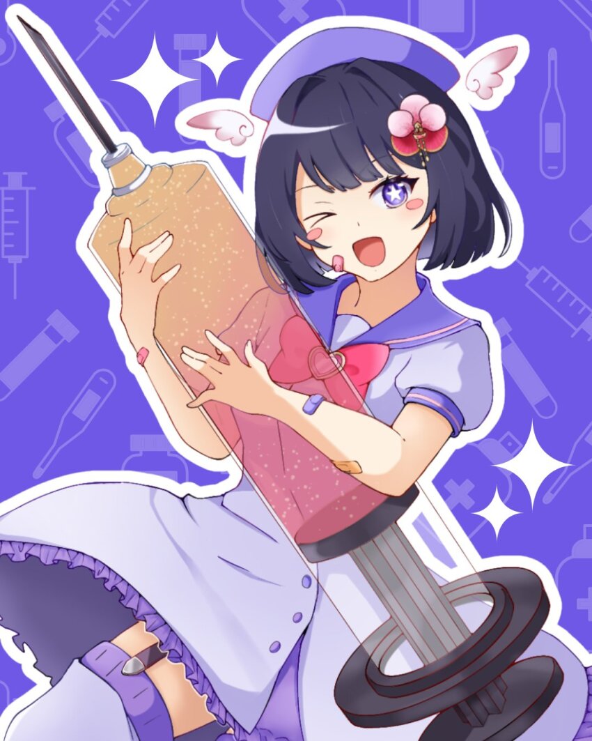 1girl, aegis-link, bandaid, bandaid_on_arm, bandaid_on_cheek, bandaid_on_face, black_hair, blush_stickers