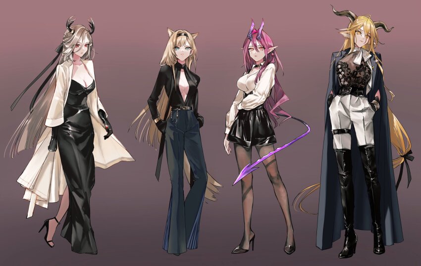 4girls, animal_ears, antlers, arknights, ascalon_(arknights), belt, black_belt, black_dress