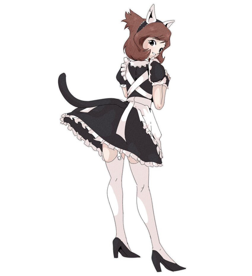 1girl, alternate_costume, animal_ears, apron, bianca_(pokemon_heroes), black_dress, black_hairband, black_shoes