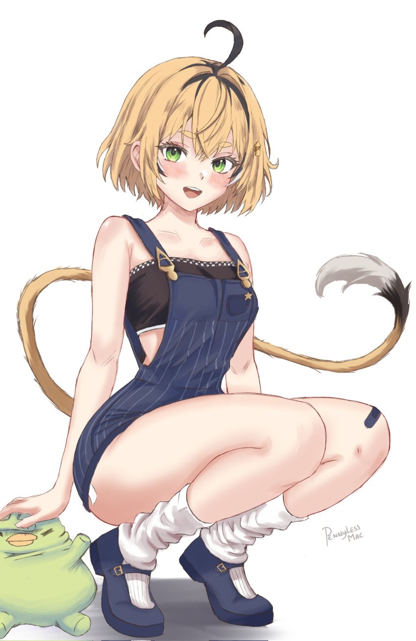 1girl, ahoge, bandaid, bandaid_on_knee, bandaid_on_leg, blonde_hair, blue_overalls, blush, breasts, dooby, dooby_(1st_costume), green_eyes, highres, indie_virtual_youtuber, kippu_(dooby), looking_at_viewer, open_mouth, overalls, pennylessmac, short_hair, simple_background, smile, solo, striped_clothes, striped_overalls, tail, vertical-striped_overalls, virtual_youtuber, white_background