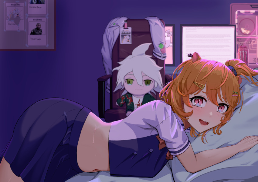 1girl, animal_ears, blush, bow, bowtie, commentary, danganronpa_(series), eimi_isami, english_commentary, hair_ornament, hairclip, hamster_ears, hamster_girl, highres, jiisokyun, komaeda_nagito, monster_energy, navel, on_bed, open_mouth, orange_bow, orange_bowtie, orange_hair, phase_connect, pink_eyes, short_hair, skirt, smile, virtual_youtuber