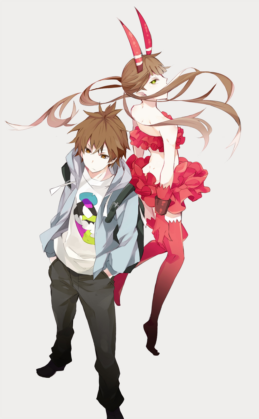 10s, 1boy, 1girl, back-to-back, backpack, bad_id, bad_pixiv_id, bag, bare_shoulders, brown_hair, c_(control), frills, gloves, green_eyes, highres, hood, hoodie, horns, komura, long_hair, mashu, mashu_(control), pointy_ears, strapless, thighhighs, tube_top, yoga_kimimaro, zettai_ryouiki