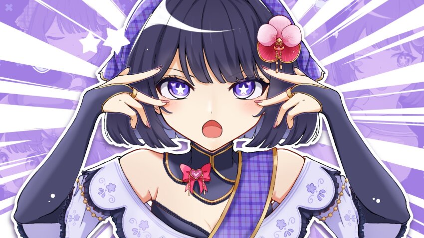 1girl, aegis-link, black_bridal_gauntlets, black_collar, black_hair, bow, bridal_gauntlets, bright_pupils