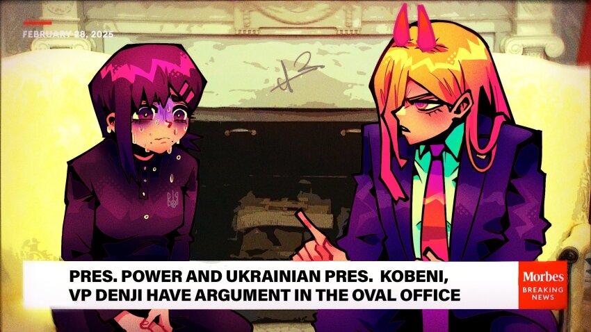 2girls, alpharecdyt, black_hair, black_jacket, blonde_hair, blue_jacket, brand_name_imitation, brown_eyes, button, chainsaw_man, chair, collared_shirt, commentary, cross-shaped_pupils, dated, demon_girl, demon_horns, donald_trump, english_commentary, english_text, fake_screenshot, fireplace, forbes, formal_clothes, hair_over_one_eye, higashiyama_kobeni, highres, horns, indoors, jacket, long_hair, long_sleeves, looking_at_another, multiple_girls, necktie, nervous_sweating, own_hands_clasped, parody, photo_background, pointing, pointing_at_another, politics, power_(chainsaw_man), profile, real_life, red_eyes, red_hair, red_necktie, shirt, short_hair, single_sidelock, sitting, suit, suit_jacket, sweat, symbol-shaped_pupils, volodymyr_zelensky, watermark, wavy_mouth, white_house, white_shirt, yellow_eyes
