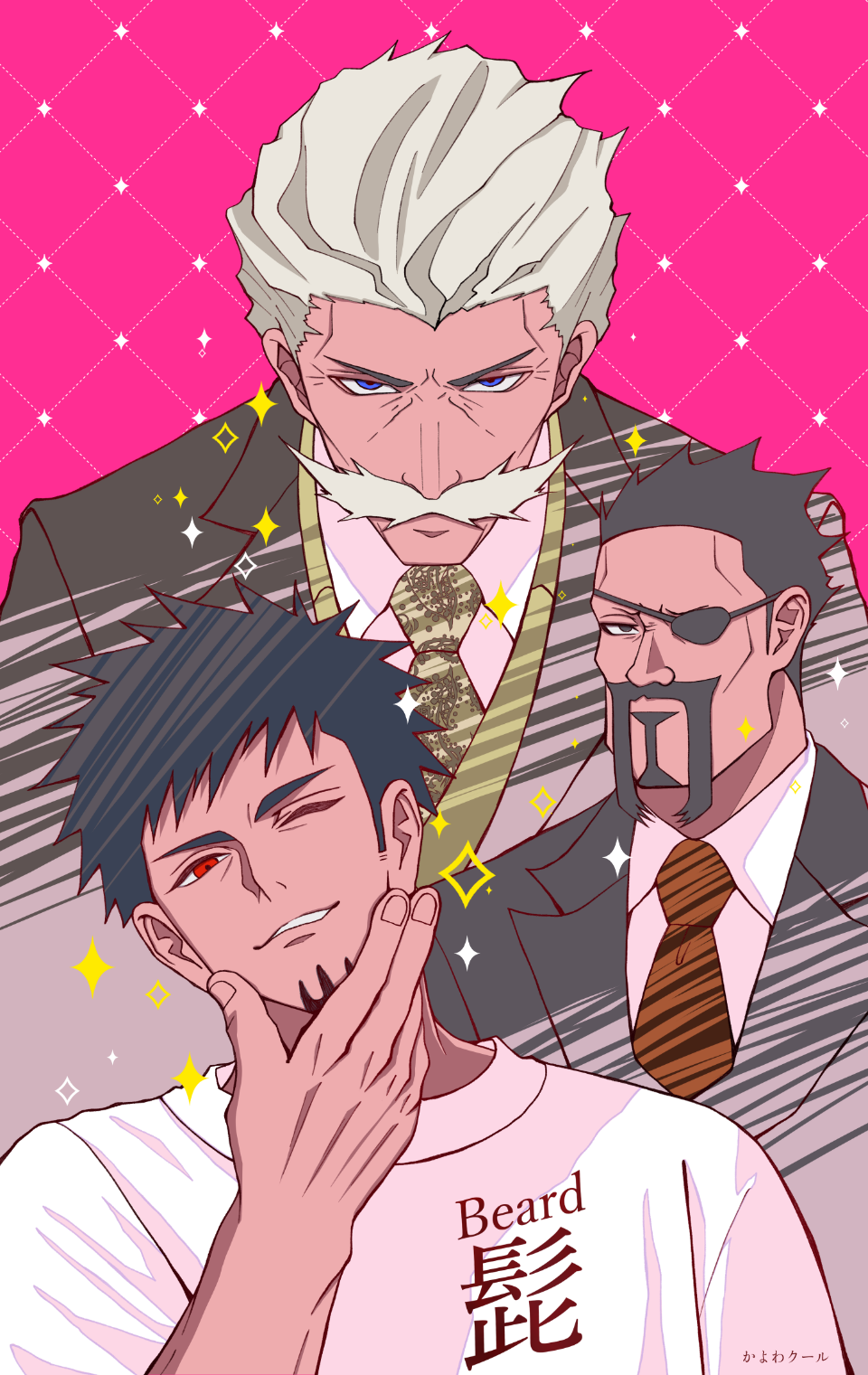 3boys, beard, black_hair, blue_eyes, eyepatch, facial_hair, formal_clothes, hand_on_own_chin