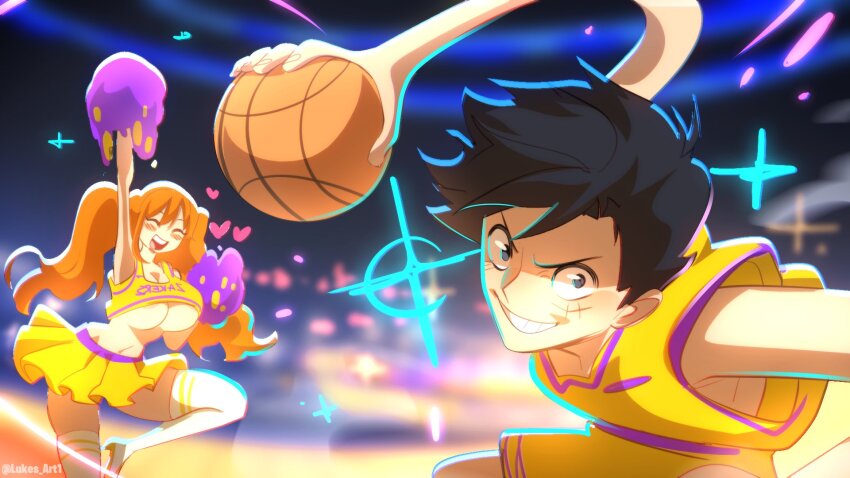 1boy, 1girl, alternate_hairstyle, arm_up, ball, bare_arms, basketball, basketball_(object), basketball_jersey, basketball_uniform, black_hair, blurry, blurry_background, blush, breasts, cheering, cheerleader, cleavage, closed_eyes, clothes_lift, commentary, crop_top, curvy, devil_fruit_power, elasticity, english_commentary, extendable_limbs, facial_scar, foot_out_of_frame, foot_up, grin, groin, heart, highres, holding, holding_ball, large_breasts, long_hair, looking_at_viewer, los_angeles_lakers, luke_hanley, midriff, miniskirt, monkey_d._luffy, nami_(one_piece), national_basketball_association, navel, one_piece, open_mouth, orange_hair, pleated_skirt, pom_pom_(cheerleading), scar, scar_on_cheek, scar_on_face, shirt_lift, short_hair, shorts, skirt, smile, sparkle, sportswear, stadium, tank_top, teeth, thighhighs, twintails, twitter_username, underboob, upper_body, upper_teeth_only, v-shaped_eyebrows, wavy_hair, white_thighhighs, wide_hips, yellow_shorts, yellow_skirt, yellow_tank_top, zettai_ryouiki