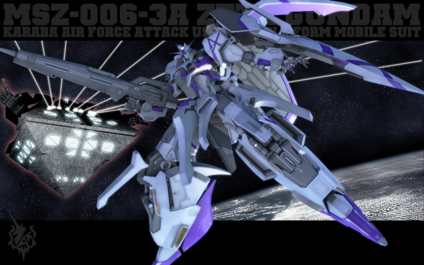 3d, aeug, battle, beam_cannon, beam_rifle, character_name, commentary_request, earth_(planet), energy_beam, energy_gun, g-db, geminus, glowing, gundam, gundam_evolve, highres, holding, holding_weapon, in_orbit, machinery, mecha, mecha_focus, mobile_armor, mobile_suit, original, planet, realistic, redesign, robot, roundel, science_fiction, space, v-fin, weapon, zeta_gundam_3a_type