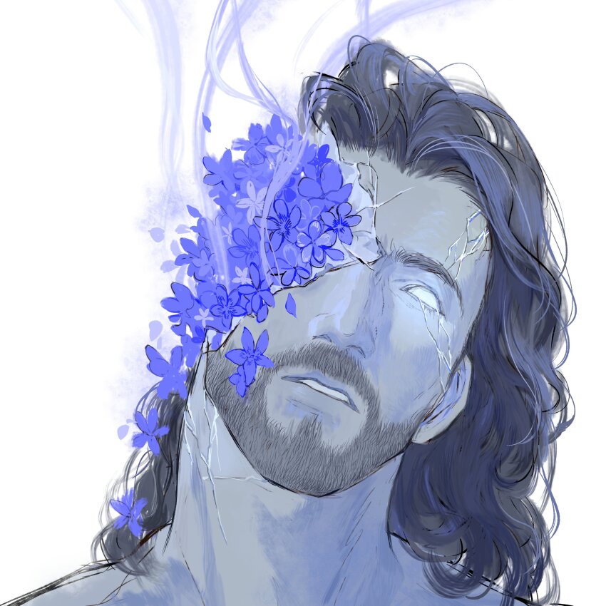 1boy, absurdres, baldur's_gate, baldur's_gate_3, beard, blue_flower, commentary, cracked_skin