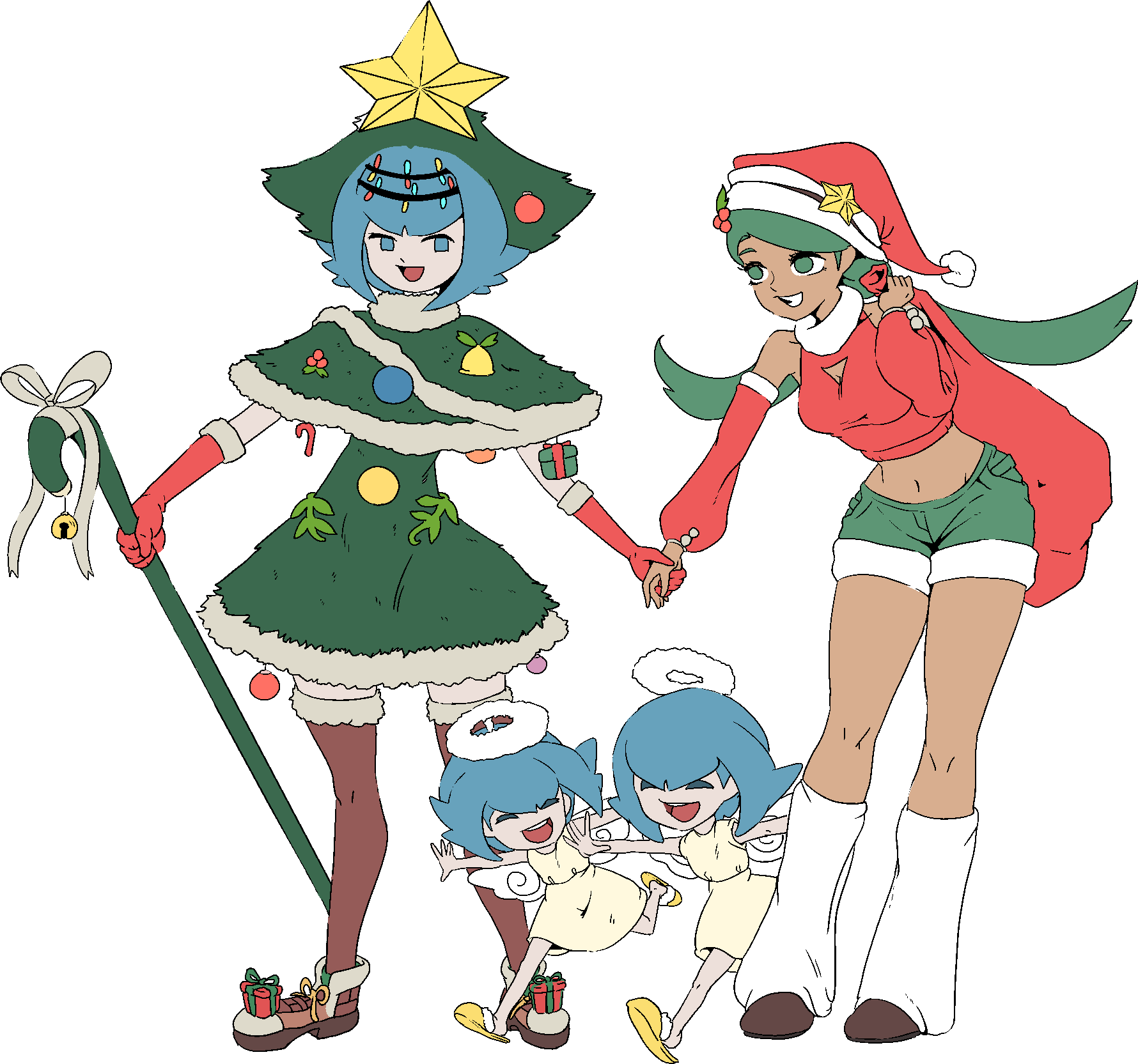 4girls, :d, alternate_costume, angel_wings, blue_eyes, blue_hair, brown_shoes, brown_thighhighs